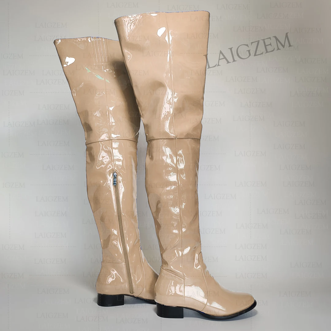ZHIMA Buty damskie na kolanach Okrągły nosek Boczny zamek błyskawiczny Niskie obcasy Wysokie buty za udo Ręcznie robione buty damskie Kobieta Duży