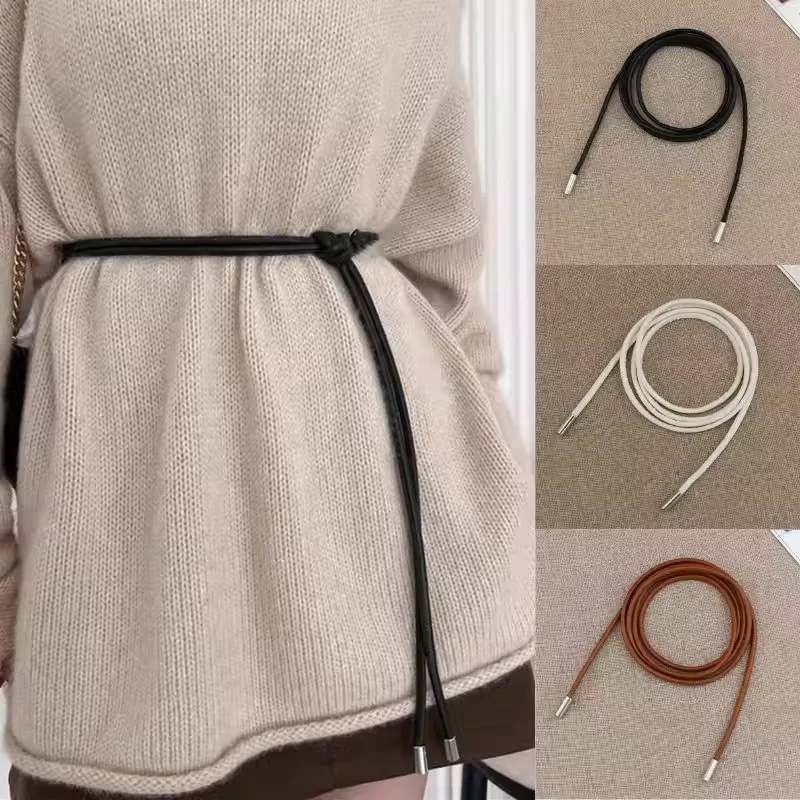 Soft Leather Round Cord Women's Belt Adorned with a Versatile Bow Dress Featuring an Elaborate Knotting Detail