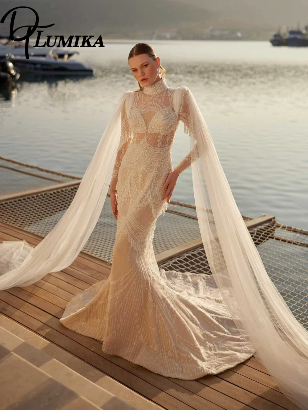 Romantyczna suknia ślubna z szalem, elegancka suknia ślubna z aplikacjami 3D, pełna wdzięku suknia ślubna w kształcie litery A, długa do podłogi, szyta na miarę.