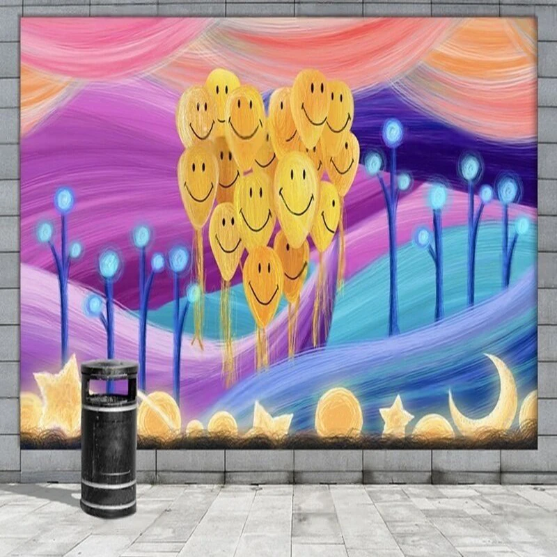 

Creative hand-painted dreamy rainbow sky forest balloon smile Internet celebrity TV luxurious home decoration background wall