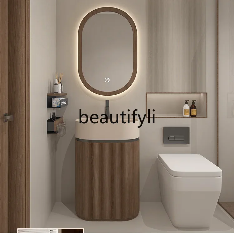 

Medieval style column basin integrated floor-to-ceiling wash basin walnut texture wash table complex art balconyAsmt52