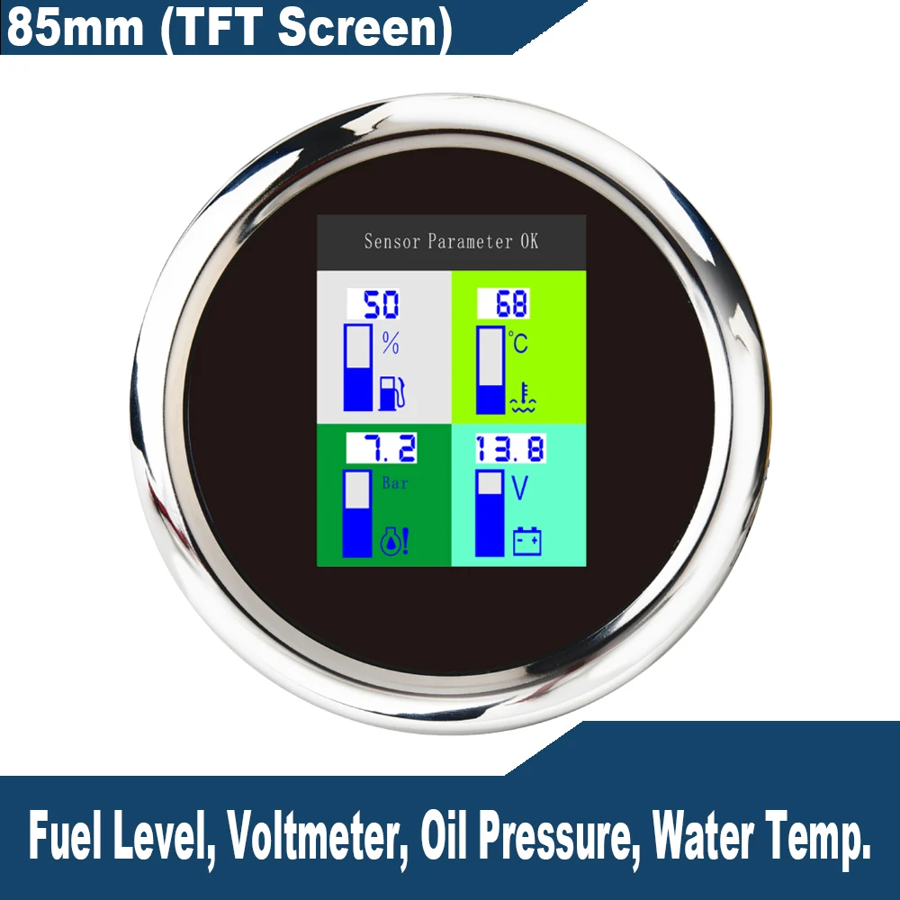 85mm Auto Marine Multi-Functional Digital GPS Speedometer Tachometer Water Temp Oil Pressure Fuel Level Gauge Voltmeter 12V/24V