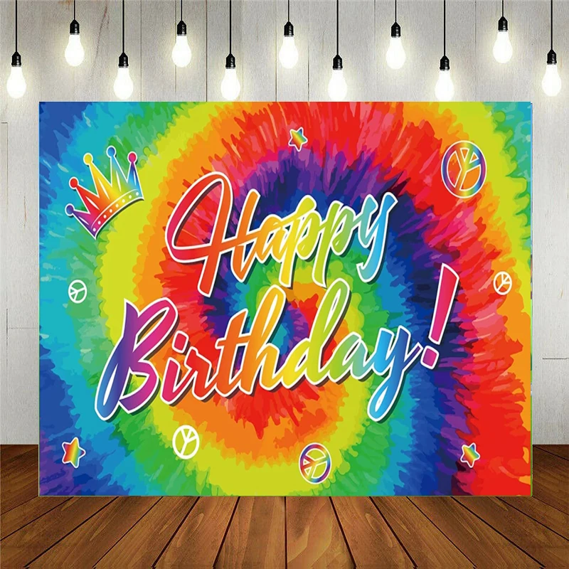 

70s Tie Dye Themed Birthday Party Photo Booth Props with Hippie Themed Backdrop Disco Party Background For 60s Party Decor