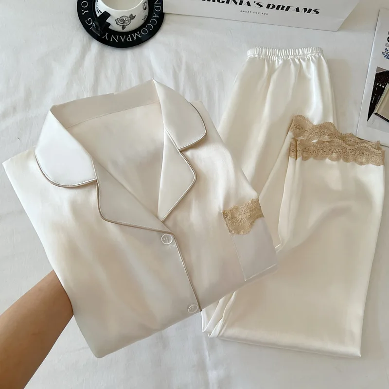 

New Ice Silk Women's Pajamas for Spring and Autumn, High-End Solid Color with Lace Trim, Long-Sleeve Thin Set, Homewear Set