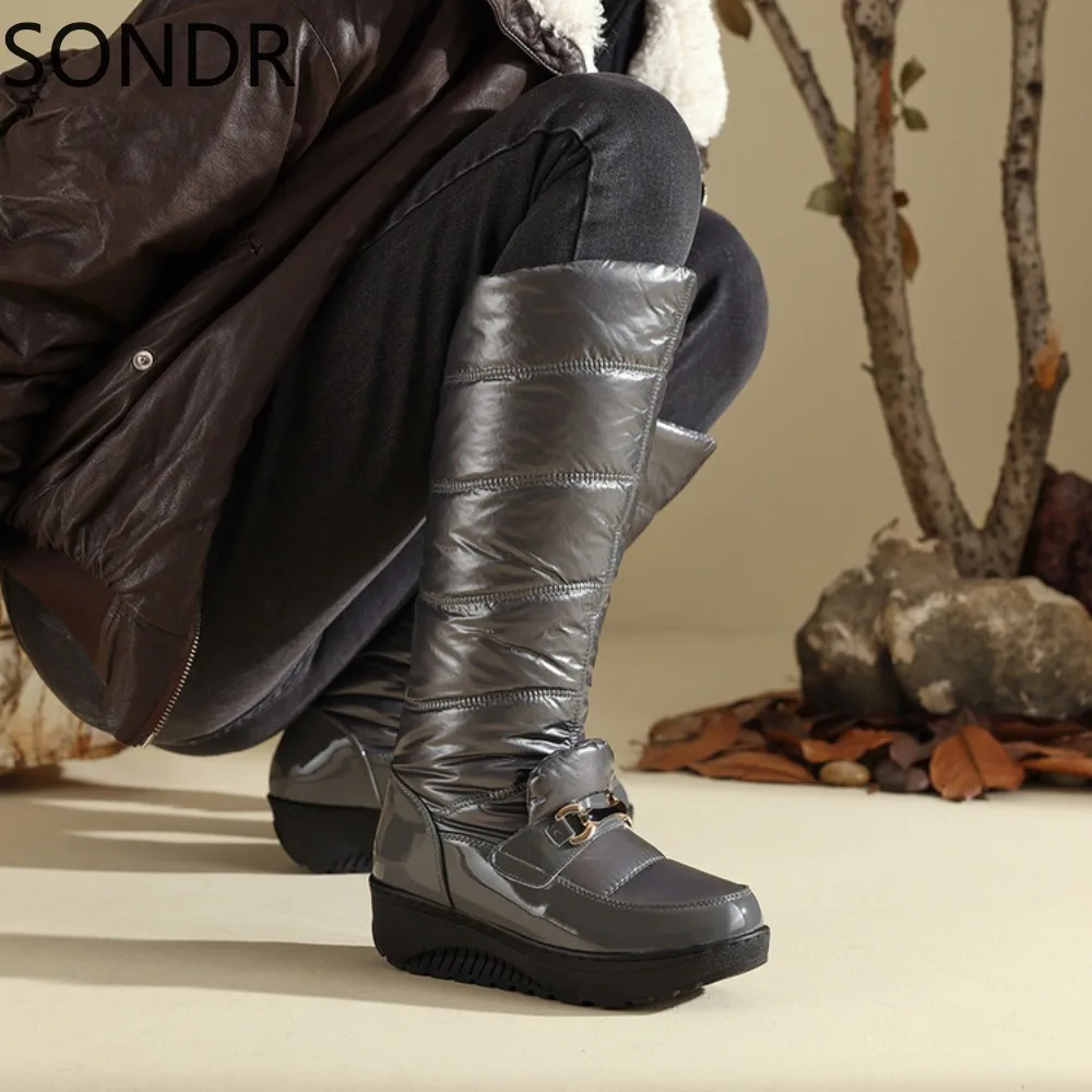 Womens Knee Thigh Boots Warm Winter Snow Fur Liner Thick Waterproof Metal Decor Platform Chunky Heel Retro Shoes New 2024