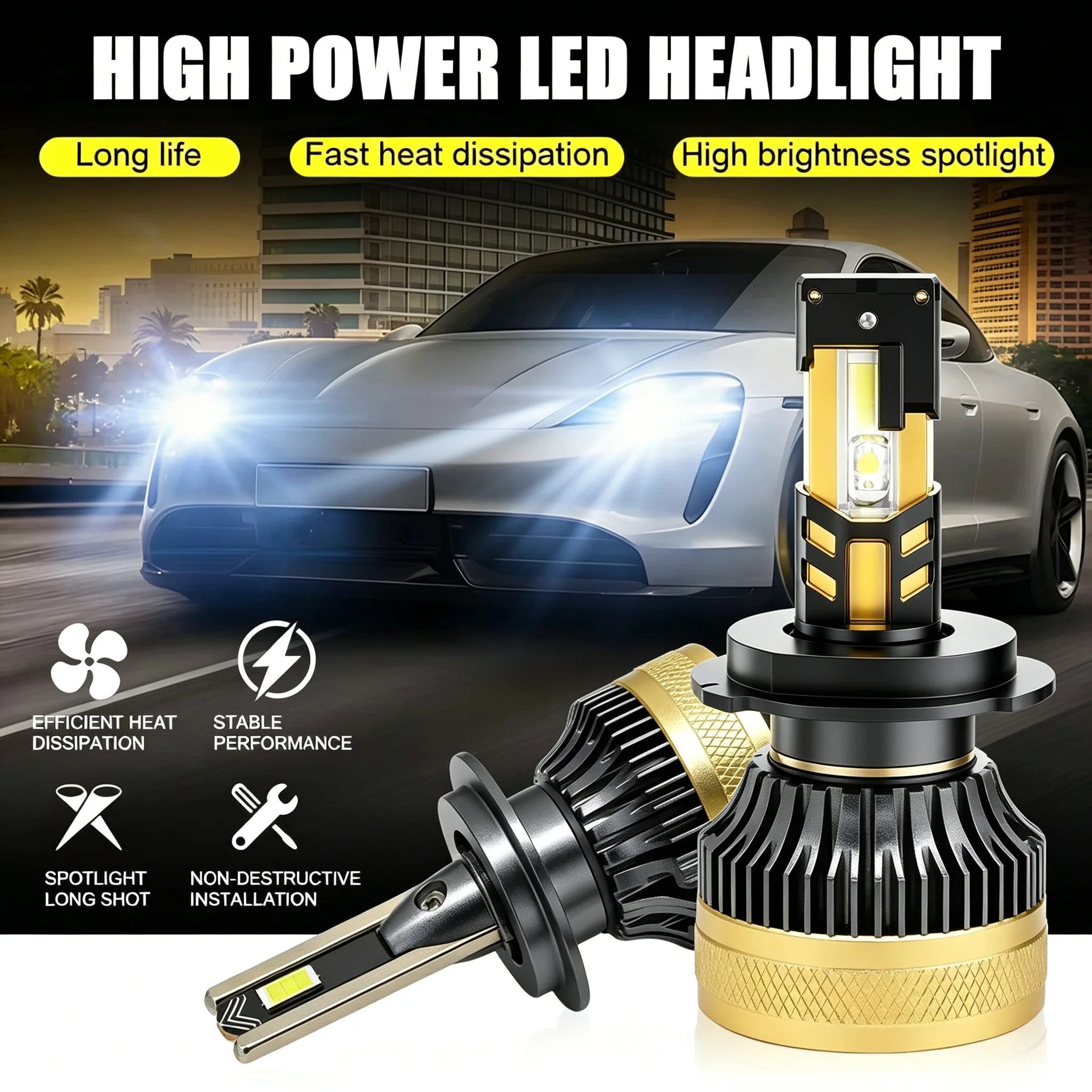 2Pcs FT-HL-06 LED Headlight Bulbs 210W 20000LM 6000K 8 Copper Tubes IP67 9-36V Plug&Play H3 H7 H11 9005 9006