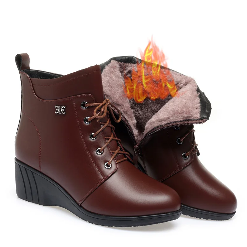 

Осенне-зимняя теплая хлопковая обувь на меху, женские кожаные ботильоны на высоком каблуке на танкетке с мягкой подошвой и плоской подошвой