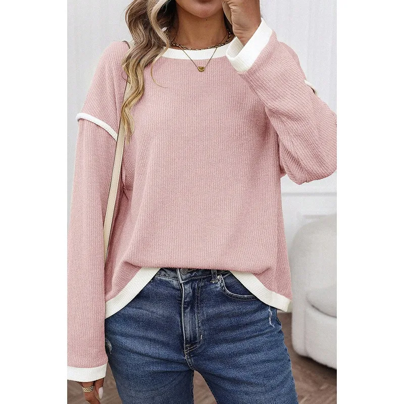 

2025 Autumn Winter Knitted Patchwork Casual Versatile Sweaters Women O Neck Full Sleeve Concise Contrast Colors Street Pullovers