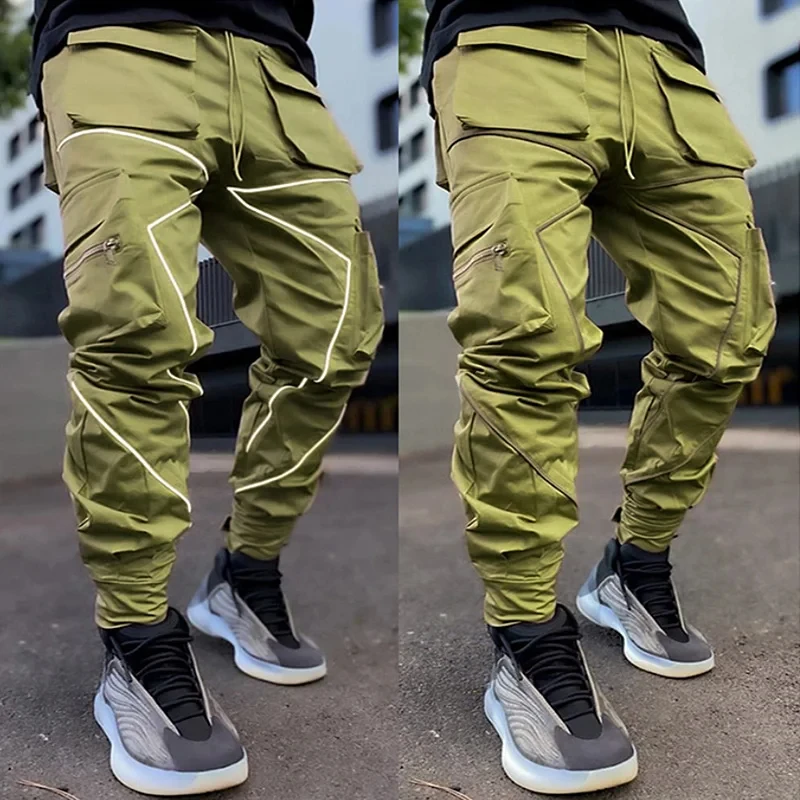 2024 Four Seasons Men's Fitness Outdoor Jogging Cotton Casual Pants Reflective Decorative Sports Pants Hip Hop Rope Overalls