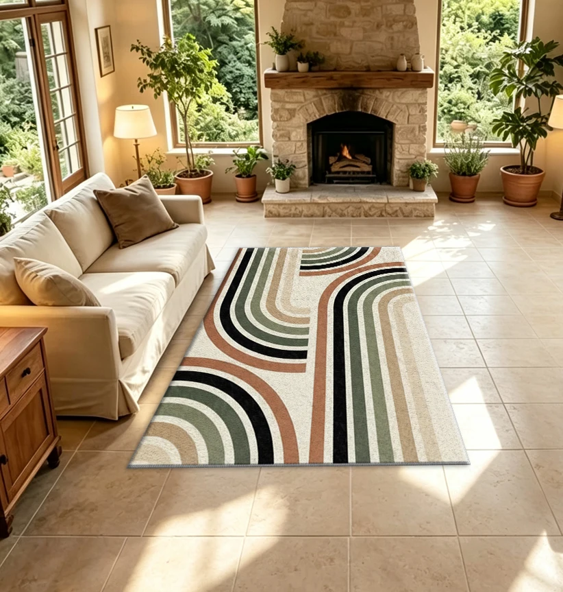 Mid Century Geometric Curve Carpet Flooring Boho Retro Tone Art Design Home Carpet For Living Room Bedroom