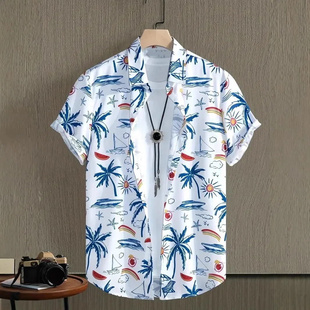 Chemise décontractée pour jeunes à manches courtes, respirante, multi-imprimés (Fleur de lys, Île bleue et blanche, Rose, Noix de coco, Marin)