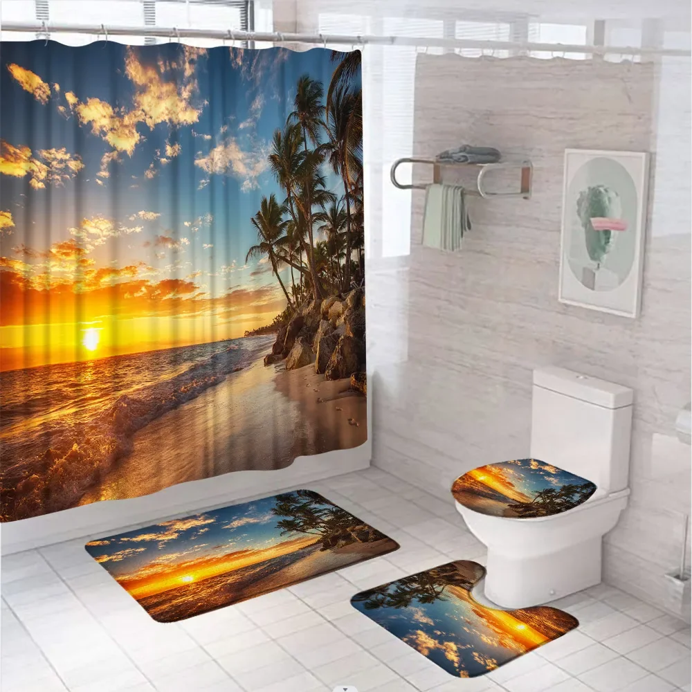 4Pcs Tropical Beach Sunset Glow Shower Curtain Sets Scene Ocean Palm Trees Sea Waves Bathroom Curtains Bath Mat Rug Toilet Cover