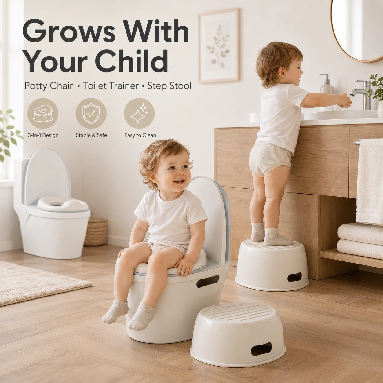 Baby Toilet Training Potty Chair 3 in 1 Detachable Seat Portable Potty Trainer Easy Clean Anti Slip Bathroom Use Boys Girls