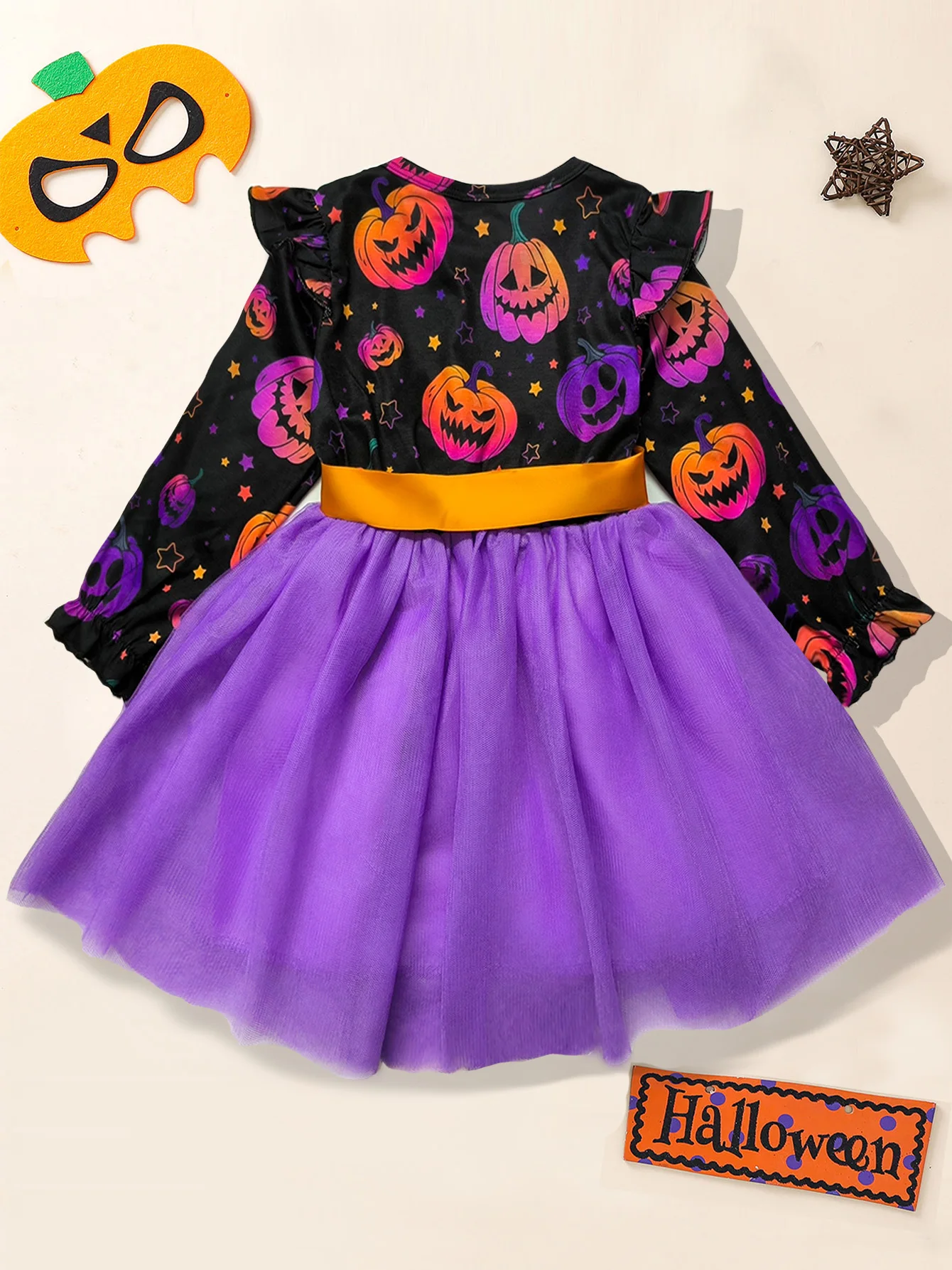 Princess Costume Dress for Girls Halloween Pumpkin Face Net Gown with Belt Long Sleeve Bell for Kids