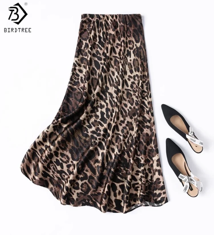 

Birdtree Summer 93% Mulberry Silk 7% Spandex Skirt,Women Plain Satin Elastic Waist Elegant Leopard Print fishtail skirt D56414JF