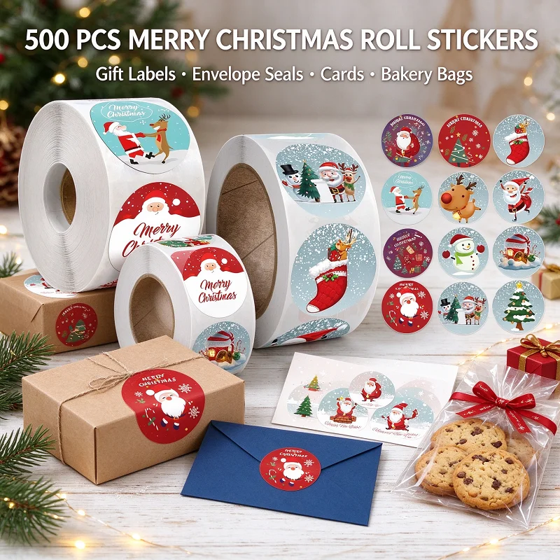500/1000PCS Merry Christmas Round Roll Stickers Self Adhesive Xmas Seal Labels for Gift Envelope Bakery Bag Teacher Reward TZ001
