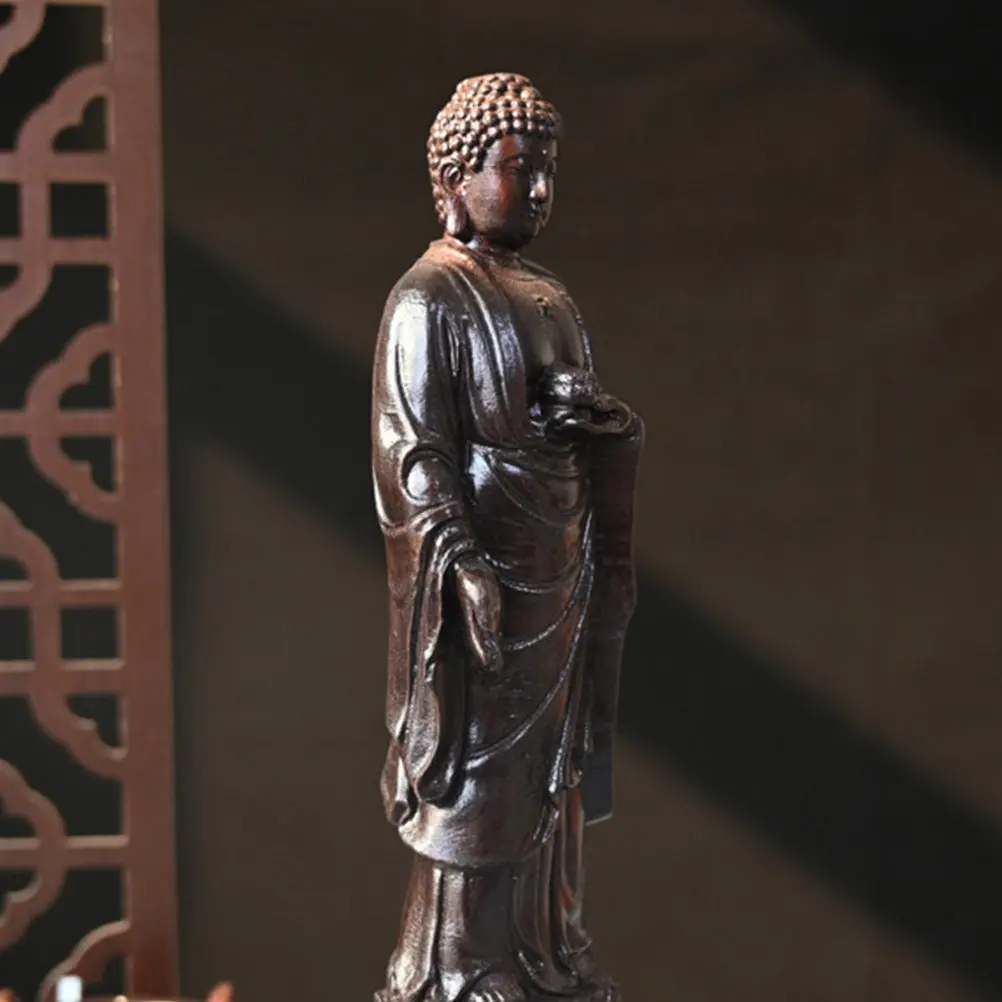Wood Buddha Standing on Lotus Statue Retro Desktop Buddha Decor Exquisite Wood Sculpture Home Decoration Buddhist Gift - view 5