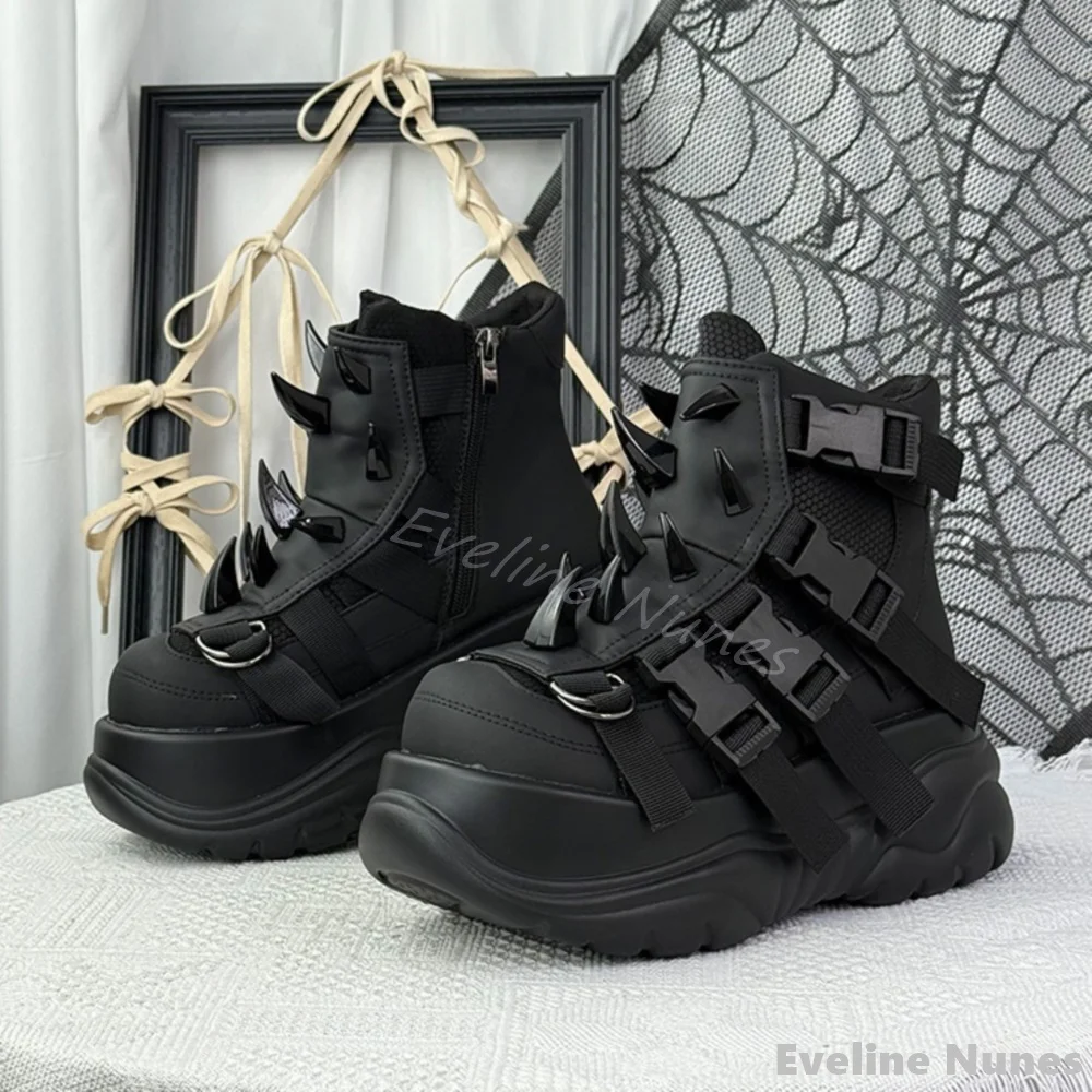Gothic Street Punk Rock Stiefeletten für Damen, Spikes, Schnallenriemen, seitlicher Reißverschluss, Plateaustiefel, 2025, neue, heißeste Subkultur, kurze Stiefel