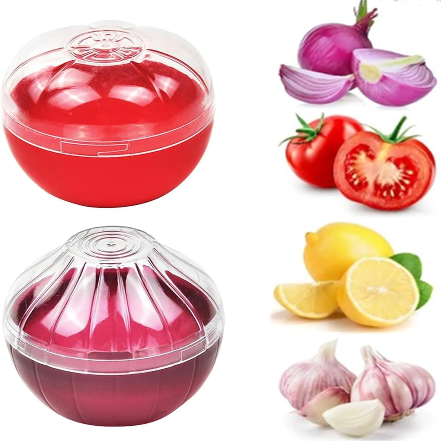 Vegetable and Fruit  Containers for Fridge, 4 Pcs Reusable Food Saver - Tomato, Garlic, Onion, Lemon  Holder - Refrigerator Vege