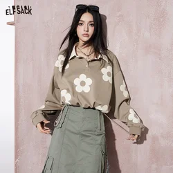 ELFSACK flower applique polo neck t-shirt top long sleeve casual style lapel 2024 new top for women