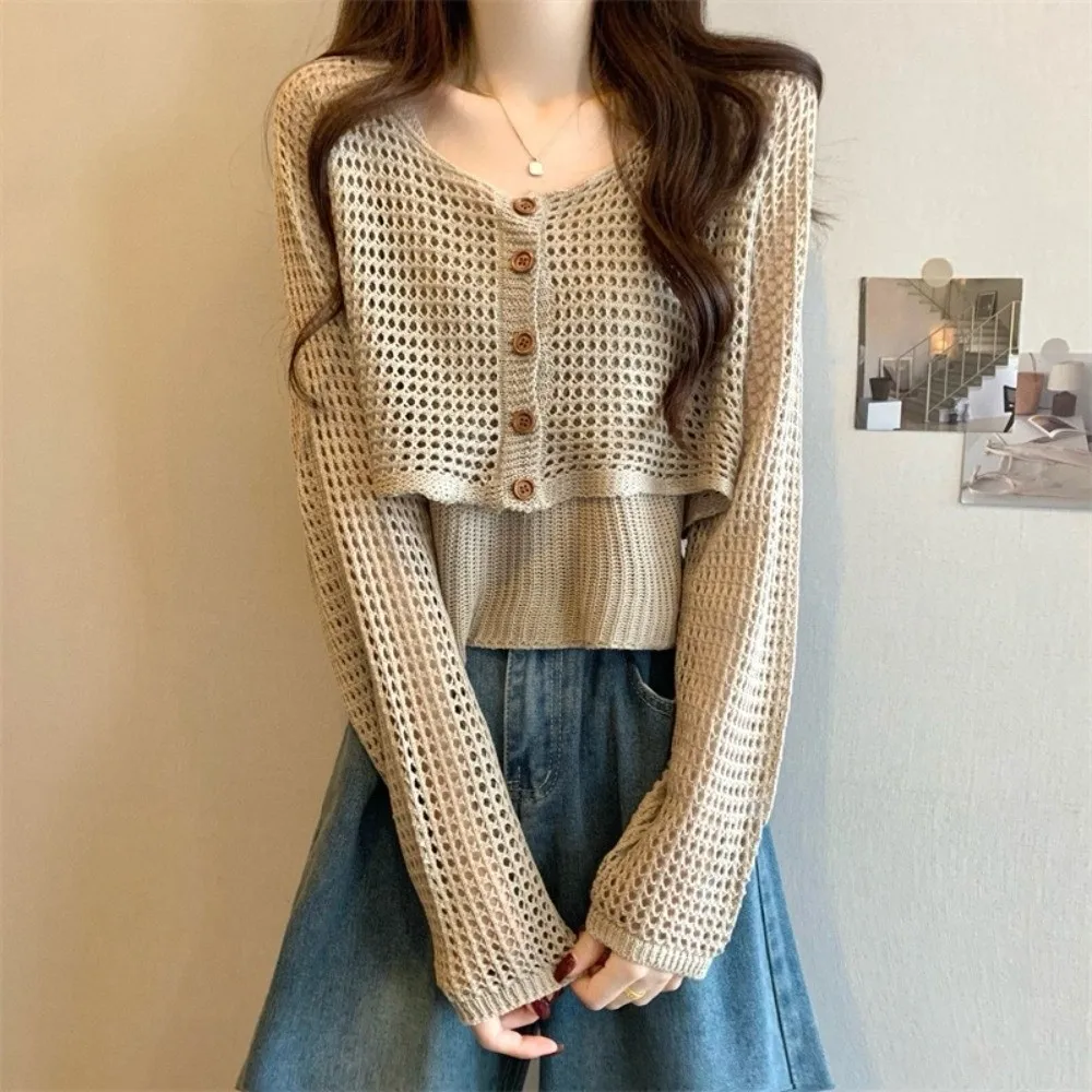 

Fashion Hollow Out Knitted Cardigan Thin Long Sleeve Sun-Proof Tops V-Neck Casual Outwear Women