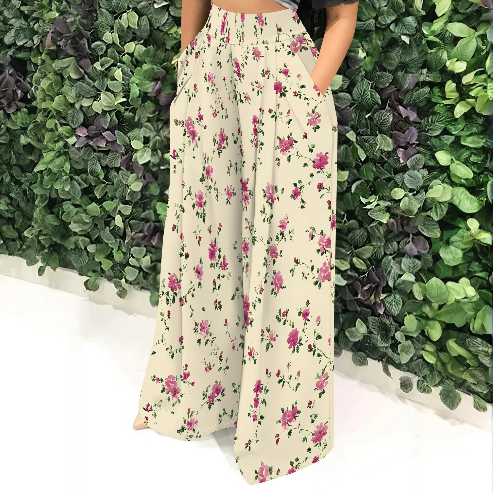 Floral Print, High Waist Wide Leg Pants, Vintage Rose Pattern, Elastic Waist Trousers, Casual Summer Wear for Women, S-2XL
