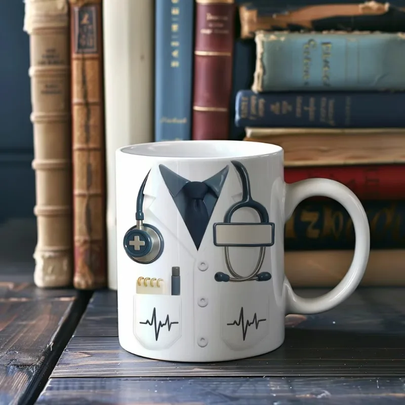 Personalized Stethoscope Heartbeat Pattern Ceramic Coffee Mug Custom Doctor Name Gift for Medical Professionals Hospital Office