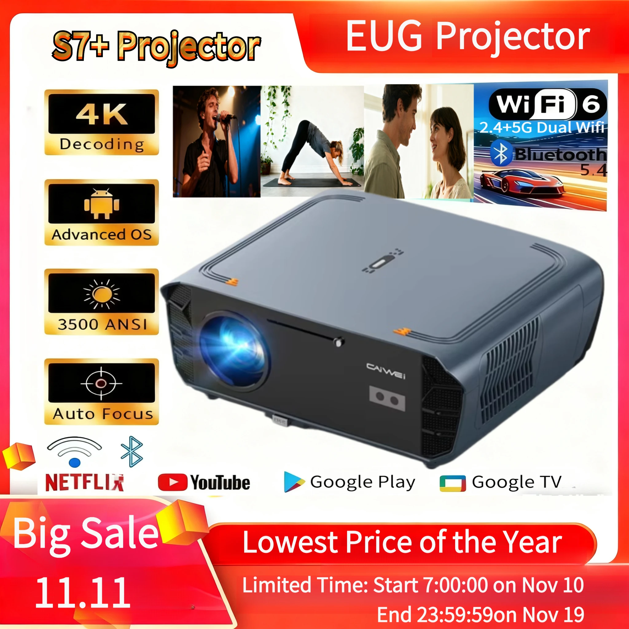 

New 3500ANSI 4K UHD Android Projector Google TV 1080P 2.4+5G WiFi Auto Focus Outdoor Home Cinema NFC TOF Video Projector Hot