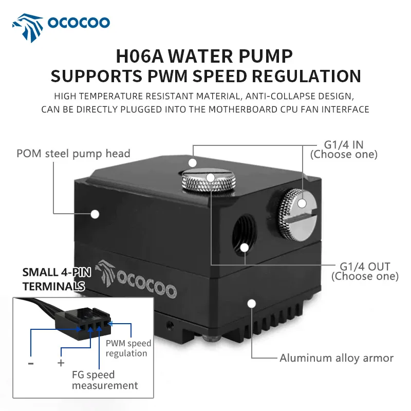OCOCOO 산업용 기계 600 L/h, 5.5m 헤드, 9.6W 무소음 장갑형 수냉 펌프 4핀 PWM 속도 컨트롤 모델 H06A