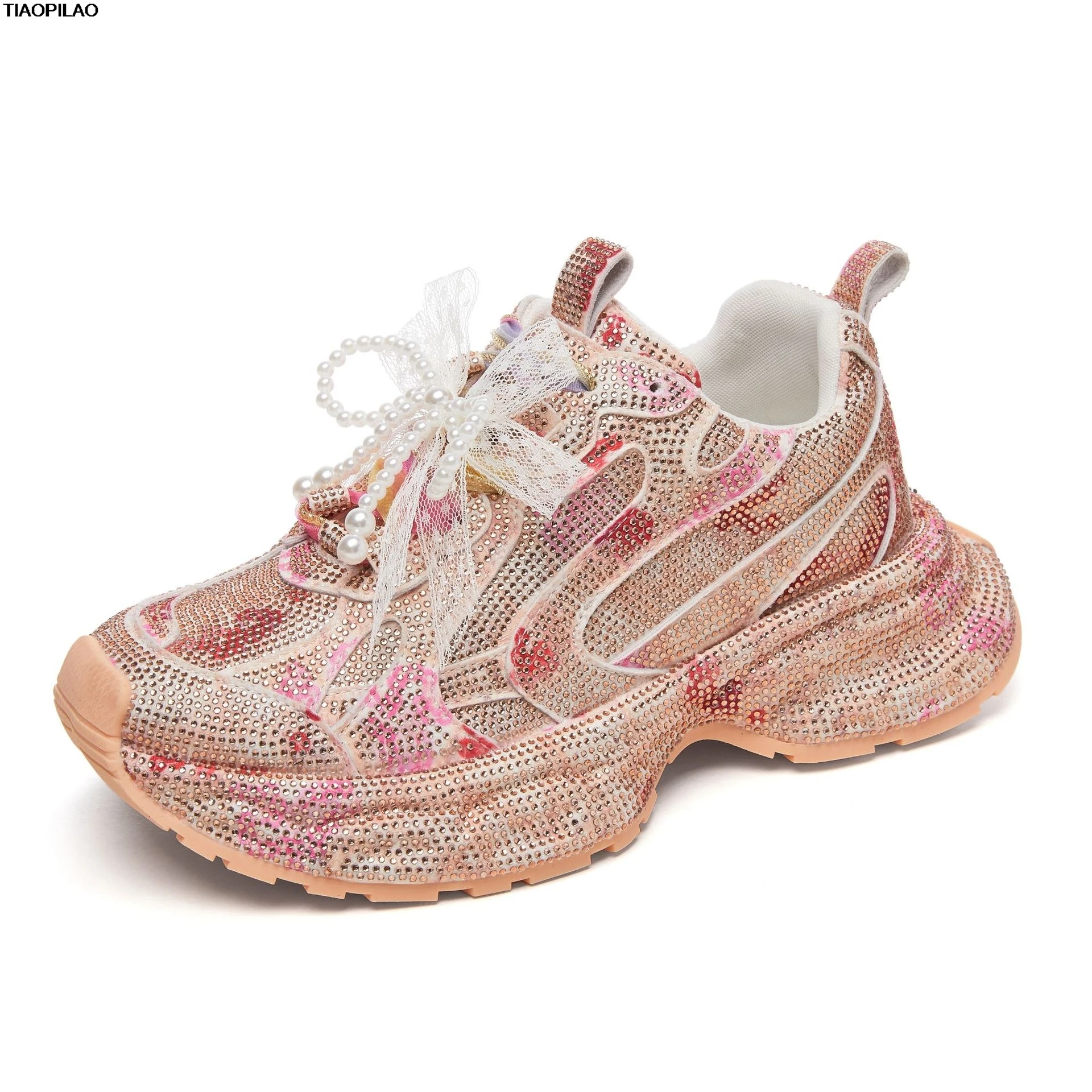 مصمم منصة كريستال المرأة أحذية مكتنزة ربيع الخريف عارضة اللؤلؤ سميكة سوليد السيدات أحذية رياضية عالية الجودة أحذية نسائية