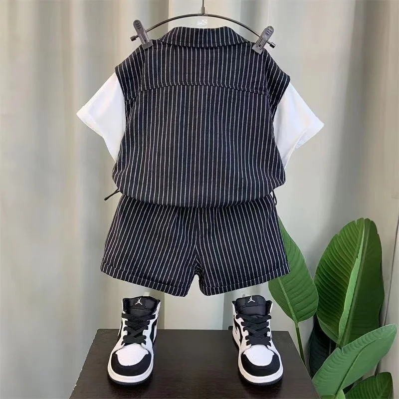 Korean Fashion Striped Short Sleeve Zipper Shirt And Shorts Two Piece Suit Baby Boys Summer Boutique Outfits Kids Sport Clothes