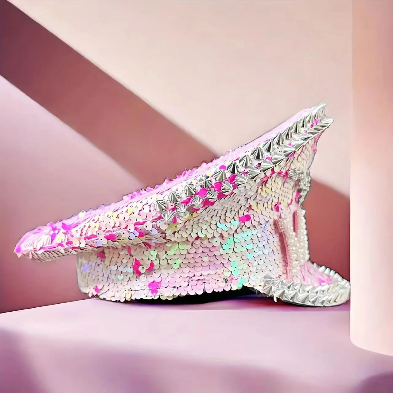 HongLuan Gelber Laser-Leder-Loop-Kapitänshut mit Strasssteinen und Militärkappen für Damen, Rave-Festivals-Accessoires und Partymütze für Herren