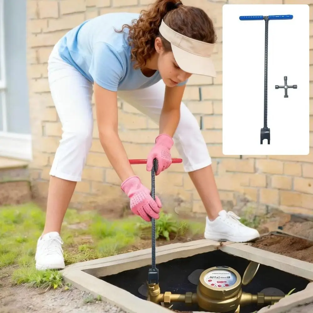 Sturdy Steel T-Handle Wrench Heavy Duty Threaded Reinforced Water Meter Key with Four-way Utility Key U-Head Design