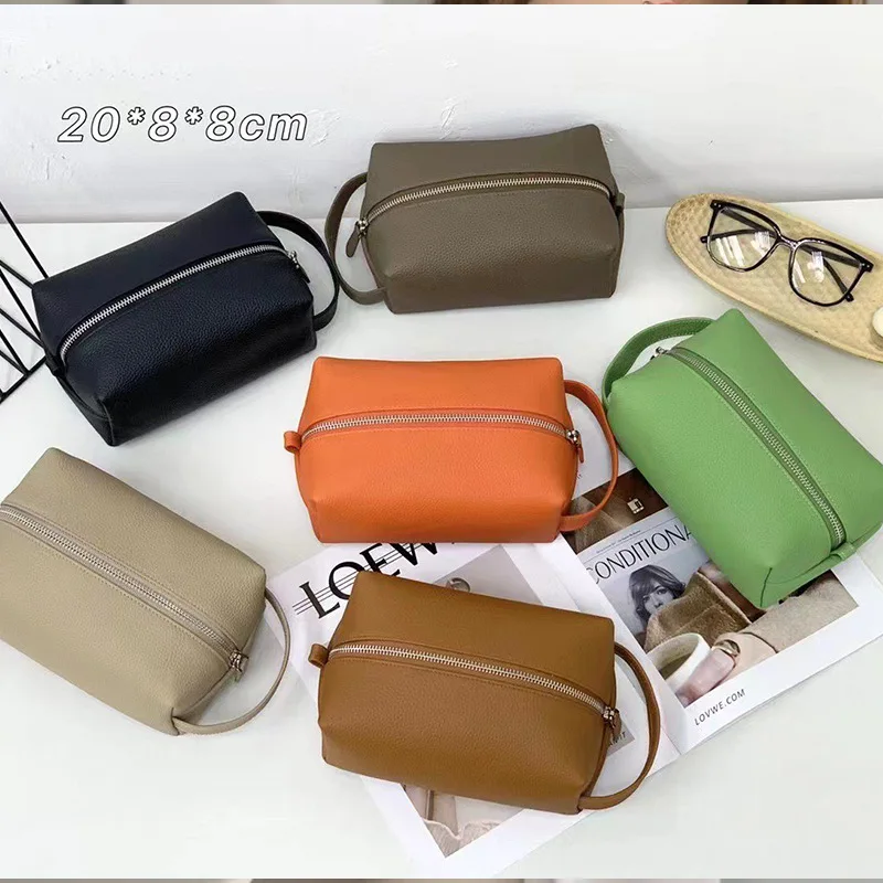 

High Quality Soft Genuine Pebble Leather Wash Bag for Women Men Portable Travel Handle Makeup Bags