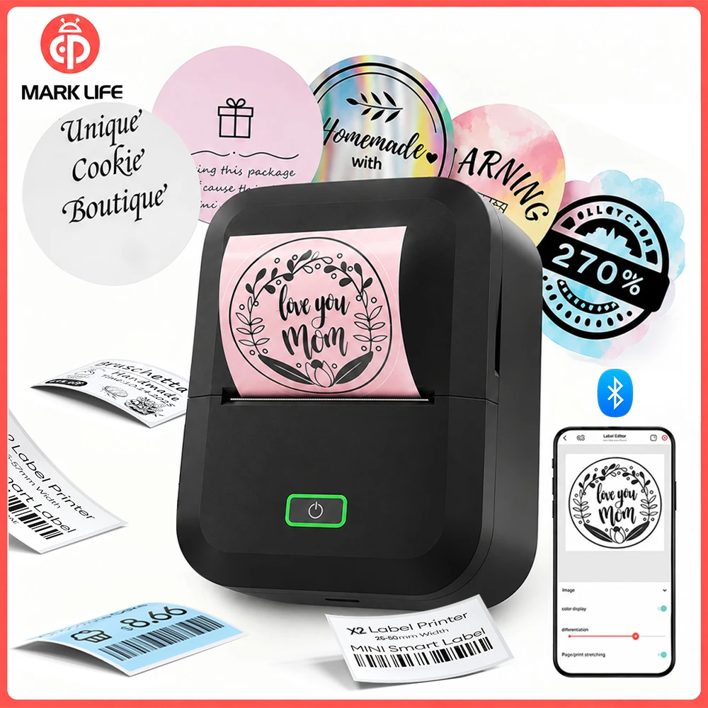 Marklife X2 Portable Thermal Printer Mini Label Printer Mobile Wireless Bluetooth Adhesive Label Maker Inkless For Tag/Code