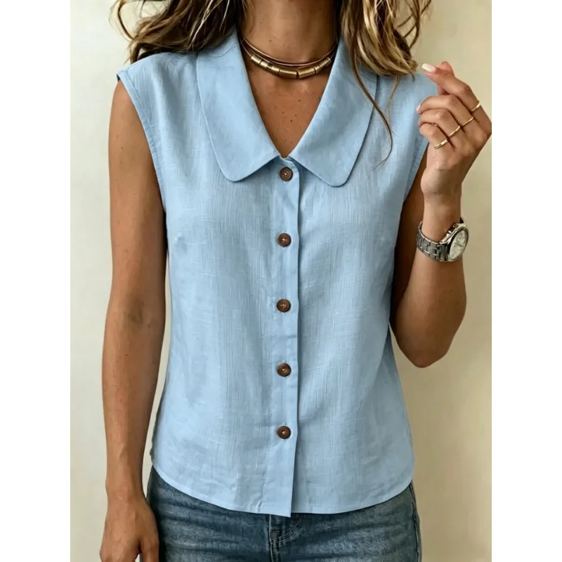 Women Lapel Collar Button Front Sleeveless Linen Blouse Solid Casual Commuter Summer Elegant Shirt Top