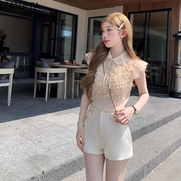 Onalippa Bow Small Lapel Lace Shirt Thousand Layers Palace Style Shirts Hook Flower Peter Pan Collar Sleeveless Womens Tops