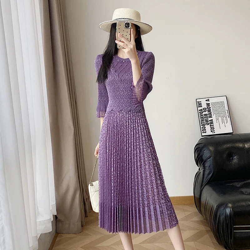 lace patchwork pleated dress Elegant Pleated Lace Midi Dress with Belt and Flower Detail AOMEI DRESS