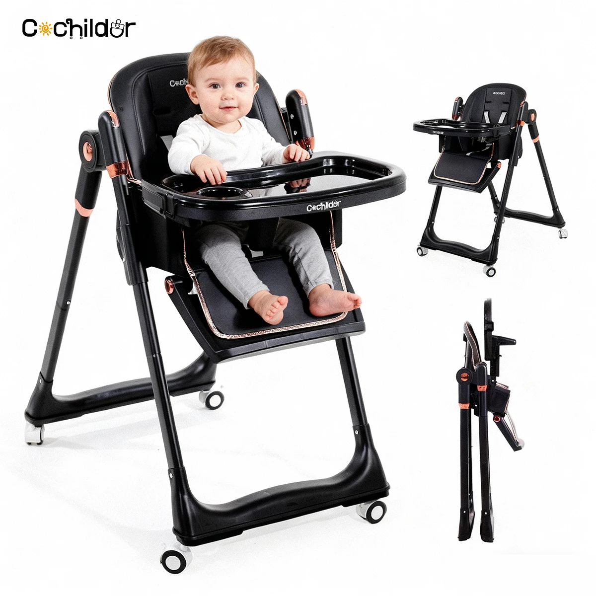 3-in-1 Toddler High Chair, Adjustable & Reclining, Removable Tray, Lockable Wheels. Easy to Clean, Portable, for Baby Feeding