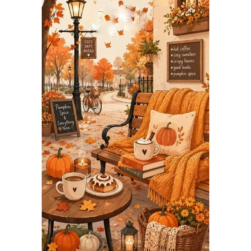 5D DIY Diamond Painting, Warm Fall Coffee Bench Scene, Maple Leaves And Pumpkins, DIY Craft For Gift