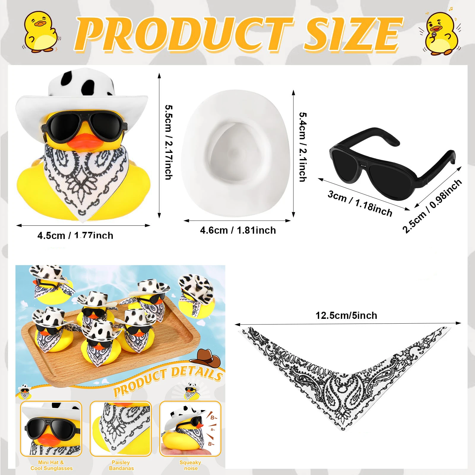 6/12/24 pcs Cowboy Rubber Duck Bulk Mini Yellow Duckies Tiny Ducks Bathtub Toy with Cowboy Hat Paisley Bandanas Sunglasses for B