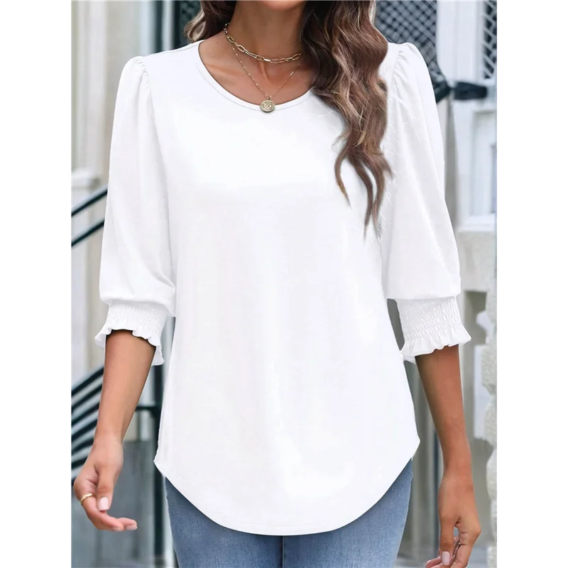 【SEE】เสื้อสตรีมีสไตล์ลําลองแขนยาว 3/4 ท็อปส์ซูสตรีพร้อมข้อมือ Smocked