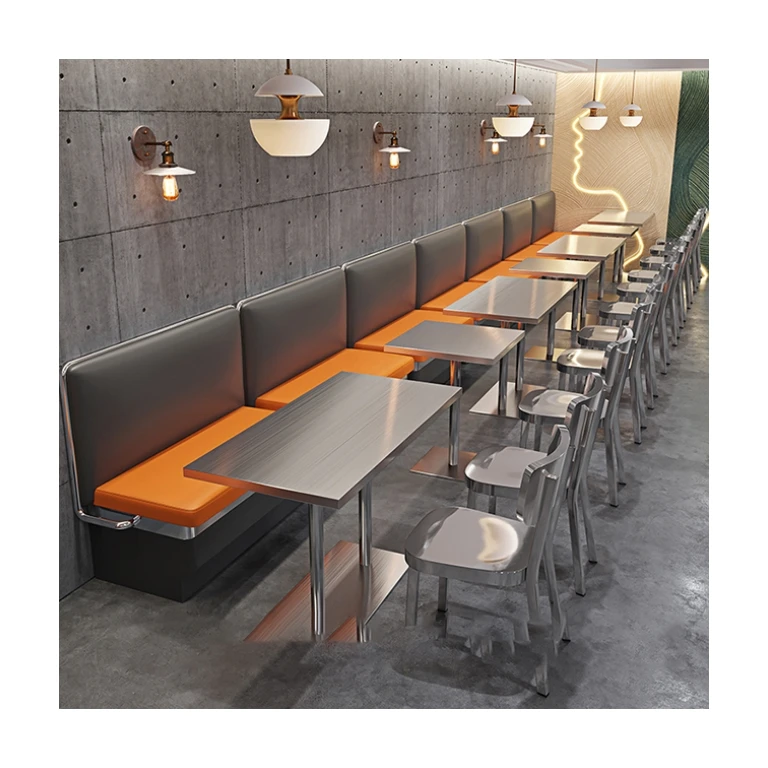 Panama Chrome Brushed Plated Stainless Steel Western Pizza Canteen Restaurant Sofa Table And Chair Furniture For Bar Cafe