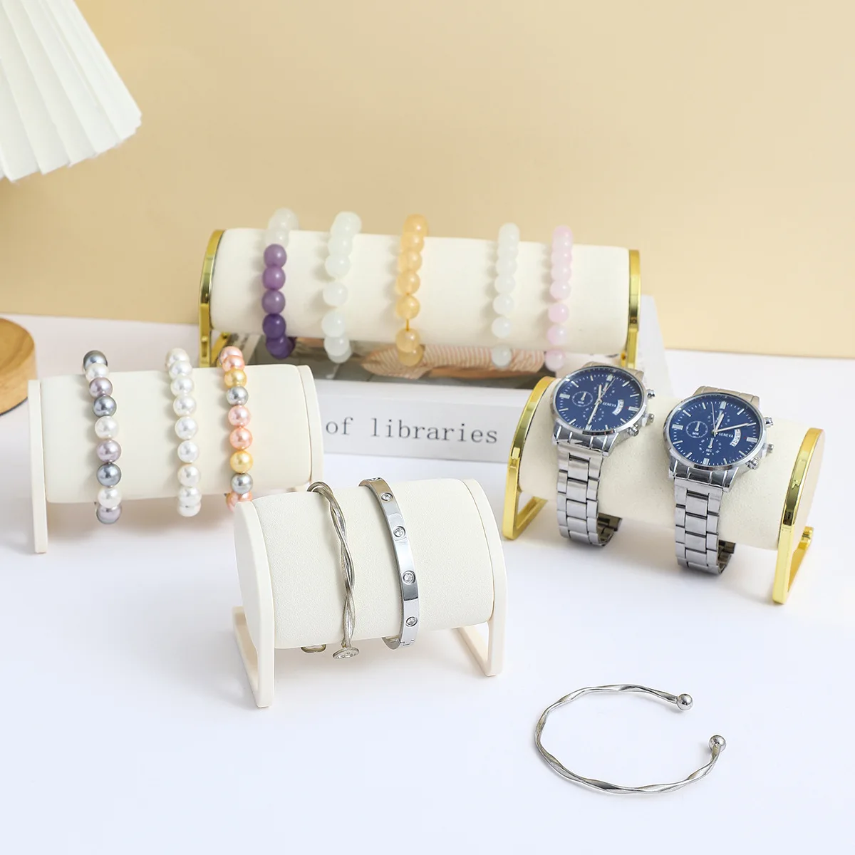 3‑Size Velvet Bracelet Display Stand, Gold Frame Jewelry Watch Bangle Storage Holder Showcase For Shop & Home