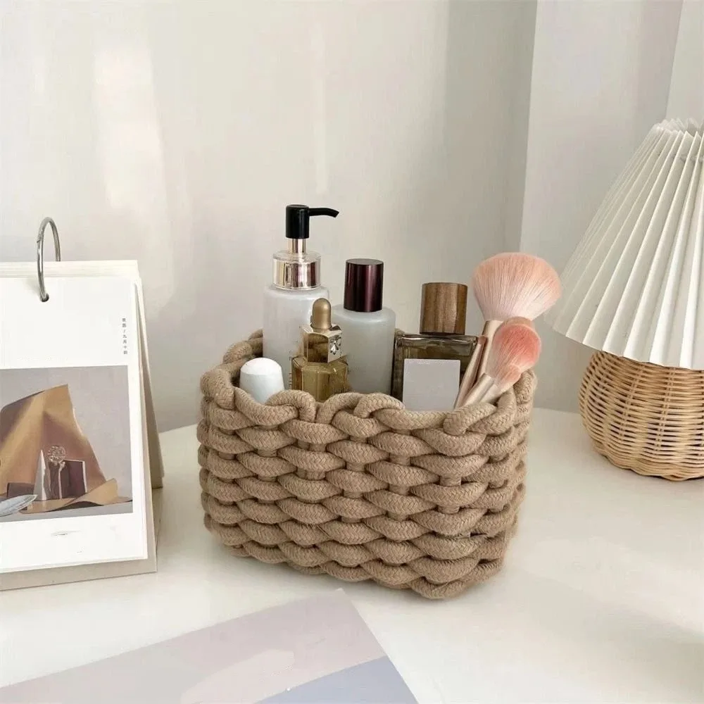 

Practical Nordic Style Woven Basket Hand-woven Rectangular Storage Basket Multi-functional Cotton Rope Basket Desktop Storage