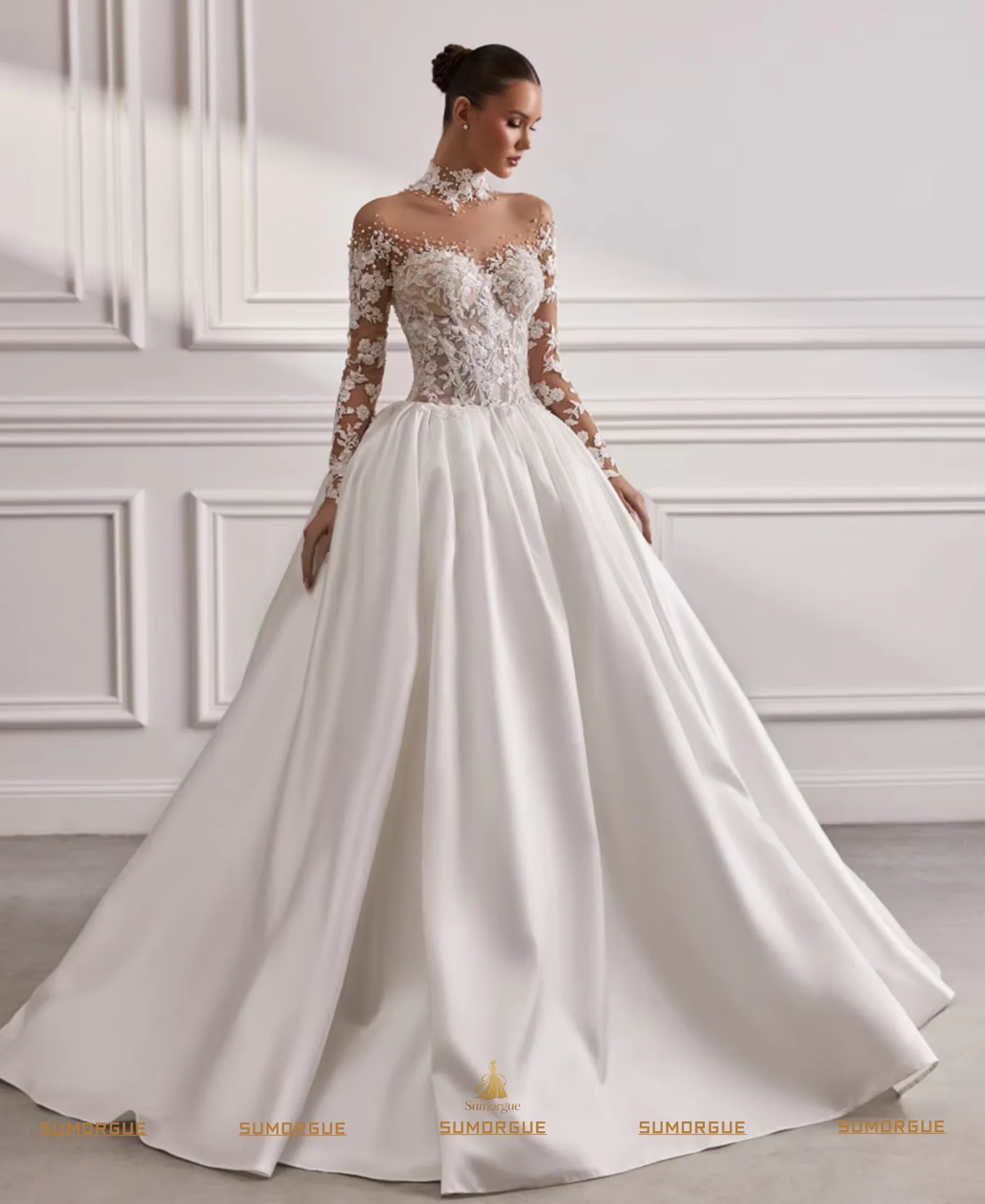 Elegant Charming Vintage Satin Applique lace Wedding Dresses Lace Princesa Bridal High-end Customized Vestidos De Novia