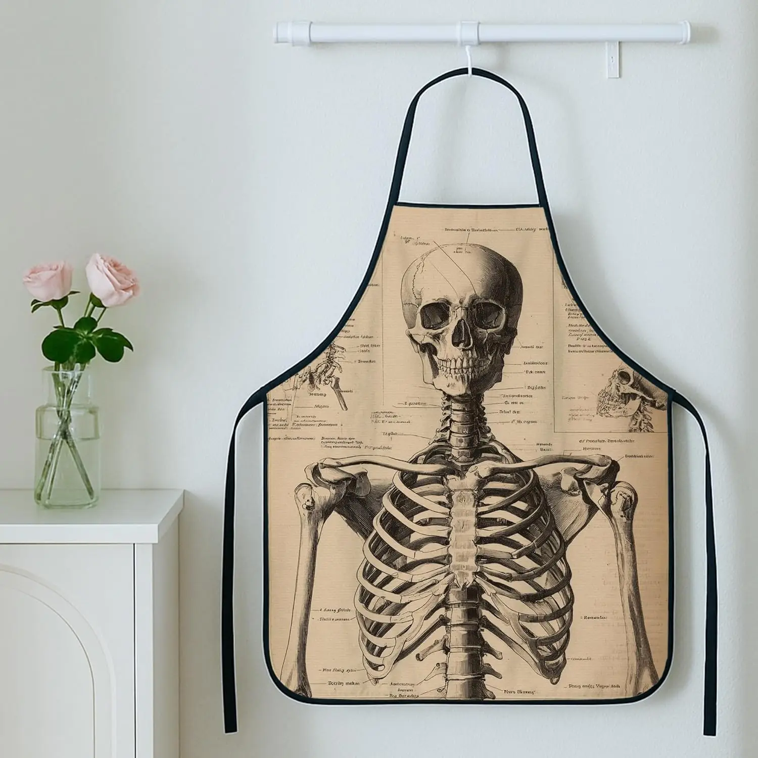 Skeleton Apron for Cooking, Vintage Anatomical Skull Design Kitchen Apron, Retro Medical Art Washable Chef Apron for Hallow