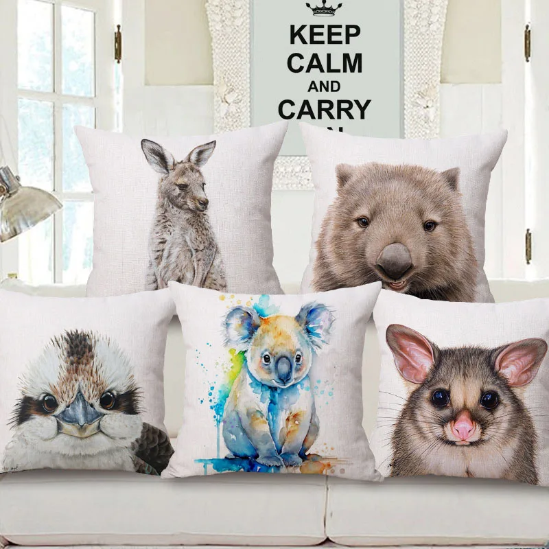 Australian Animals Wombat Kangaroo Possum Kookaburra Birds Koala Poster Cushion Cover Decorative Pillow Case