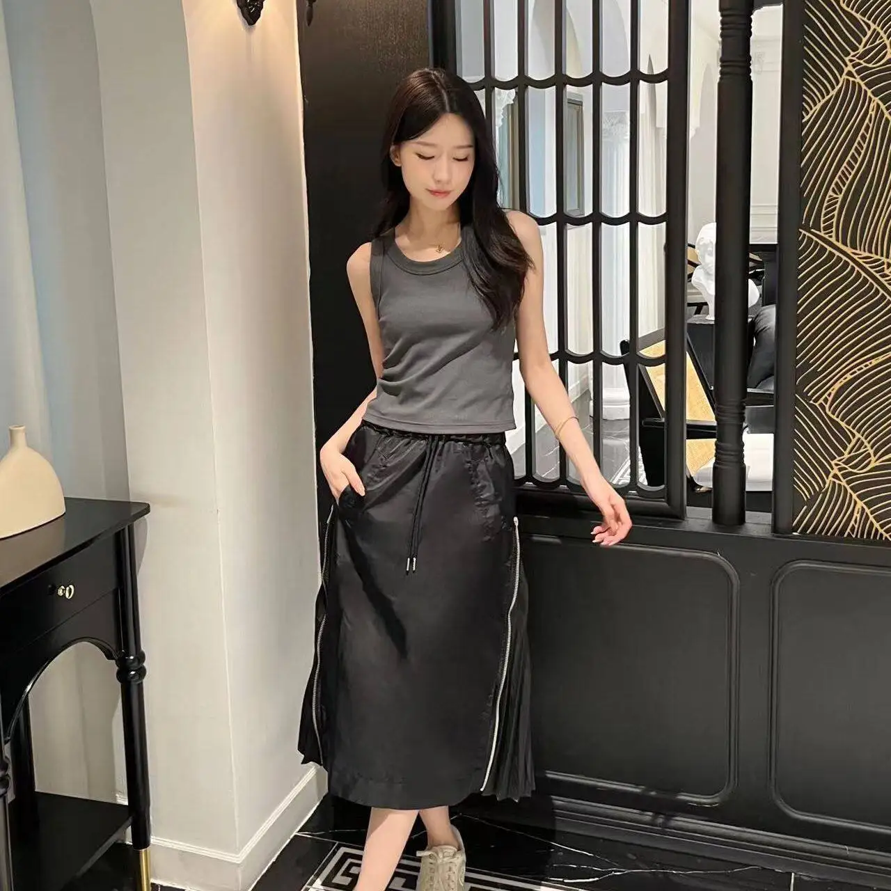 SAC 25 drawstring zipper on both sides pleated waist wrapped hip pleated skirt