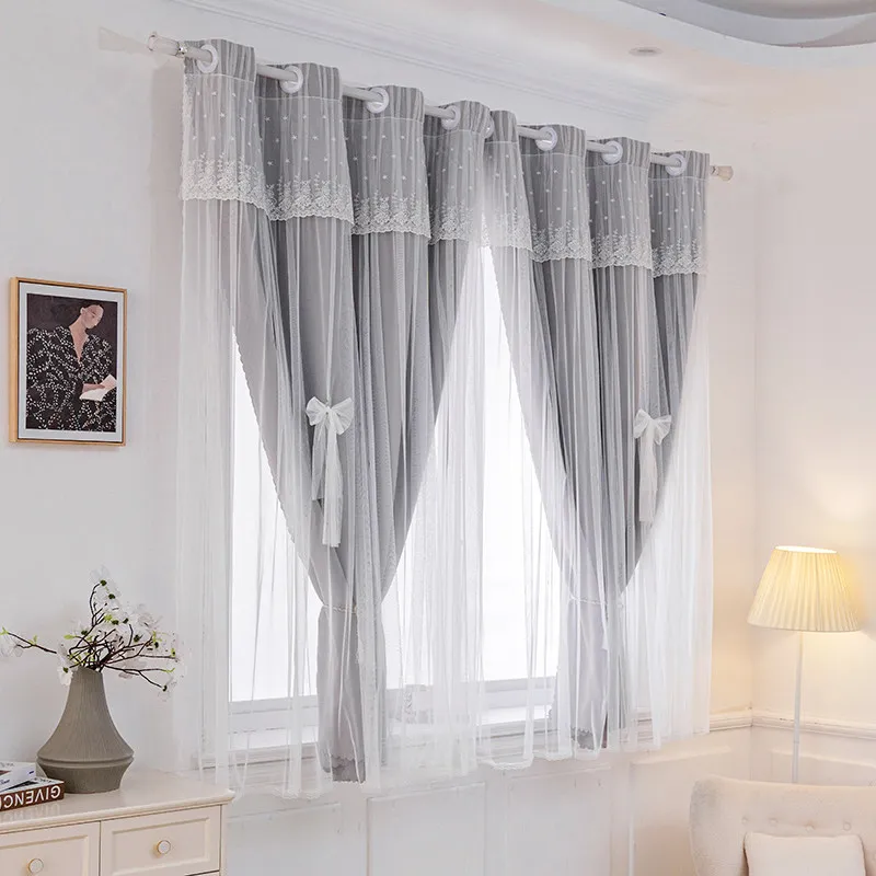Moderne, schlichte, bestickte Doppelschicht-Vorhänge, verträumte Prinzessinnen-Spitze, Sonnenschutz & Wärmeisolierung, maßgefertigte Verdunkelung für Schlafzimmer
